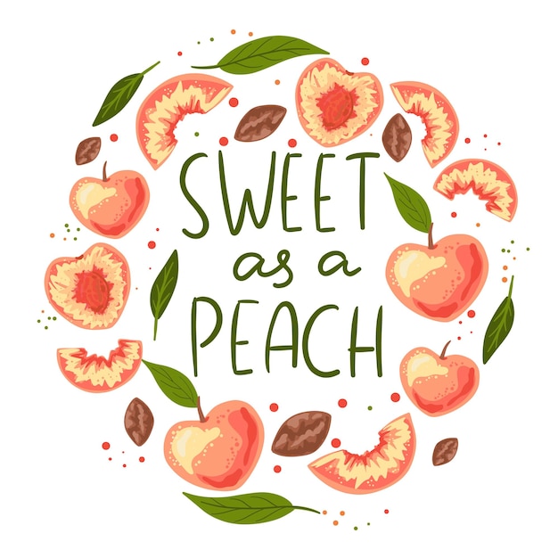 The inscription is sweet as a peach A collection of different types of peaches Vegan print