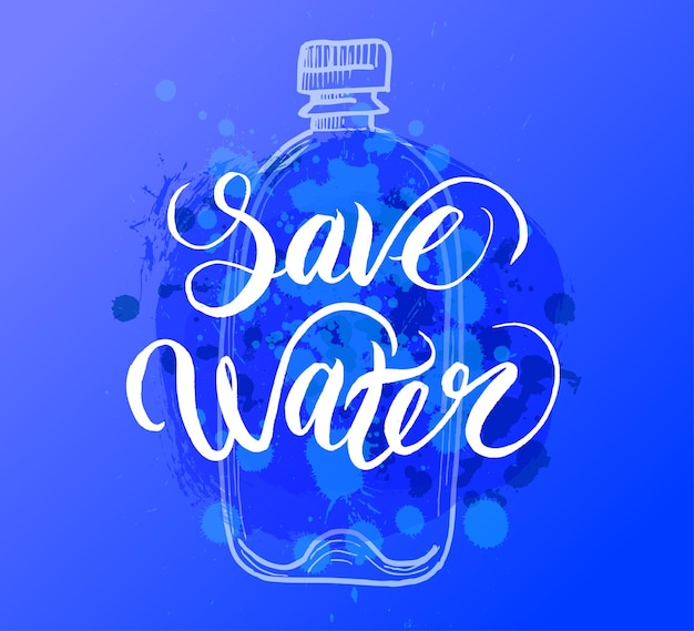 Vector the inscription let's save the water plastic bottle splashing water on a blue background poster