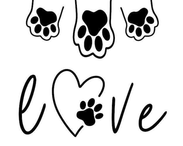 The inscription love and the paw print of the animal in the heart Love concept Vector illustration isolated on white background