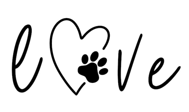 The inscription love and the paw print of the animal in the heart Love concept