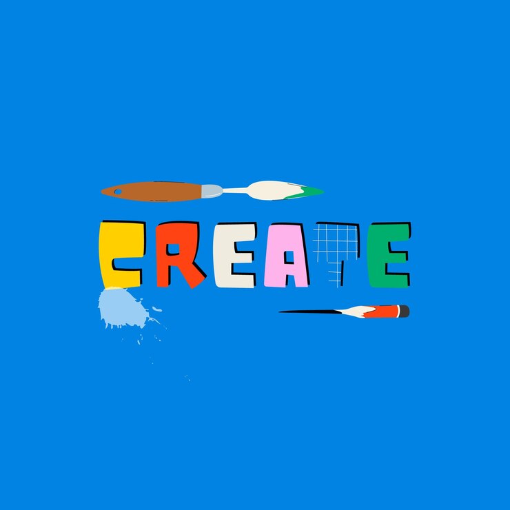 Vector inscription pencil paint splash palette knife on blue background