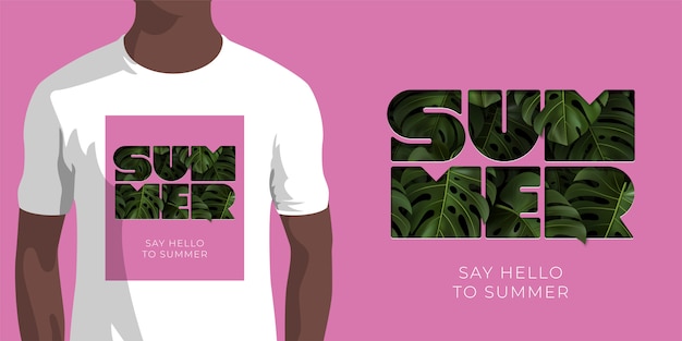 Vector inscription say hello to summer with green tropical leaves monstera on pink background.  template for clothes, apparel, shirt print . illustration with extrude typography.