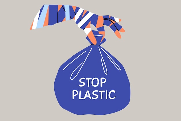 Inscription stop plastic on bag of garbage for concern for reducing environmental pollution