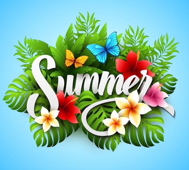 Надпись лето. иллюстрация с тропическими растениями и цветами