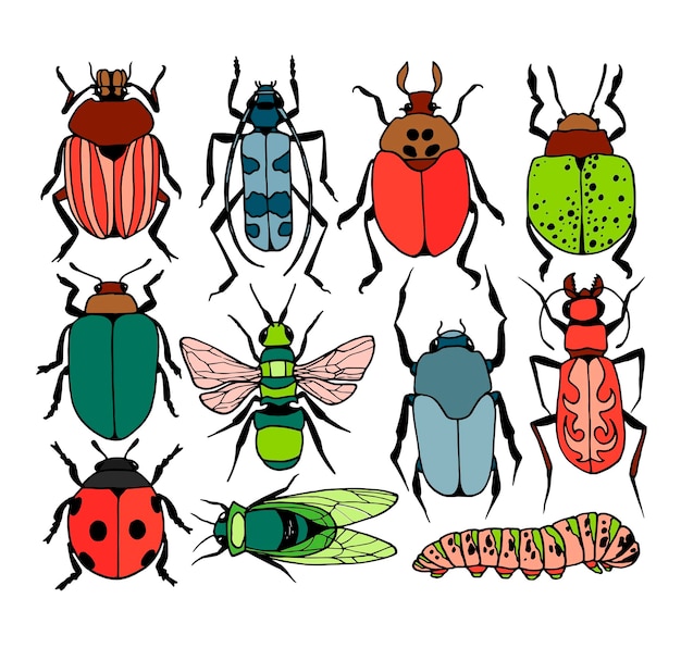 Яркая коллекция насекомых векторная иллюстрация набора вредителей, жуков, насекомых, животных
