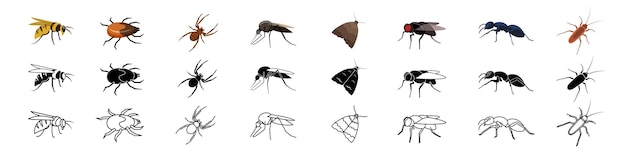 Insect icon set Flat silhouette and linear style