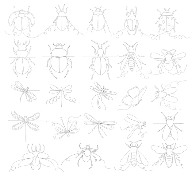 Insecten set schets één lijn vector
