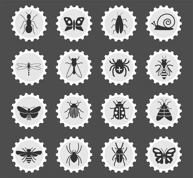 Insecten symbolen op een ronde postzegel gestileerde pictogrammen