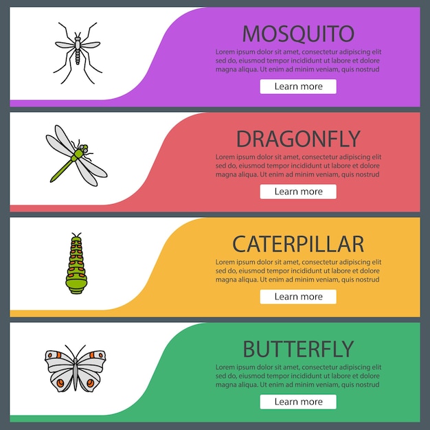 Insecten webbanner sjablonen set. Dragonfly, mug, rups, vlinder. Menu-items in kleur van de website. Ontwerpconcepten voor vectorkoppen