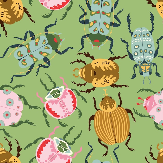 Insectensoorten en exotische kevers vector naadloos patroon Insectenbeestjes in platte cartoonstijltextuur