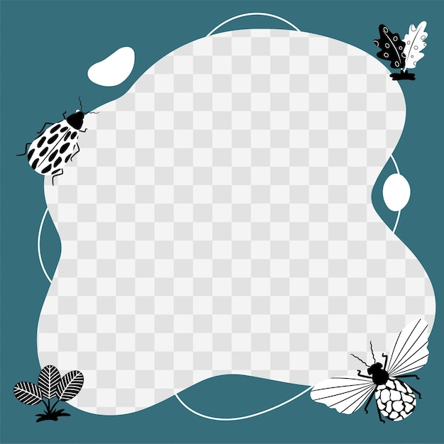 昆虫、蝶、カブトムシ、花。フラット漫画スタイルのスポットの形でベクトルフレーム。子供の写真、はがき、招待状のテンプレート。