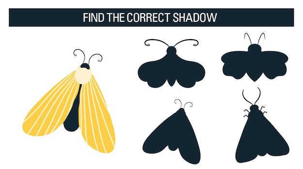 Insetti, farfalle, falene. trova l'ombra giusta, un gioco educativo per bambini. stile cartone animato illustrazione vettoriale