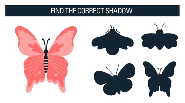 Insetti, farfalle, falene. trova l'ombra giusta, un gioco educativo per bambini. stile cartone animato illustrazione vettoriale