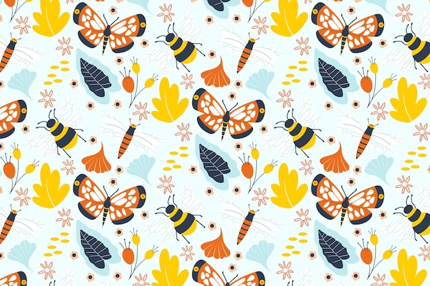 Vector insects and flowers pattern