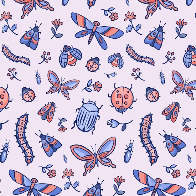 Vector insects and flowers pattern