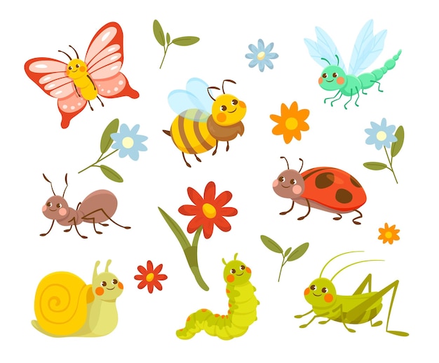 Insects and flowers set