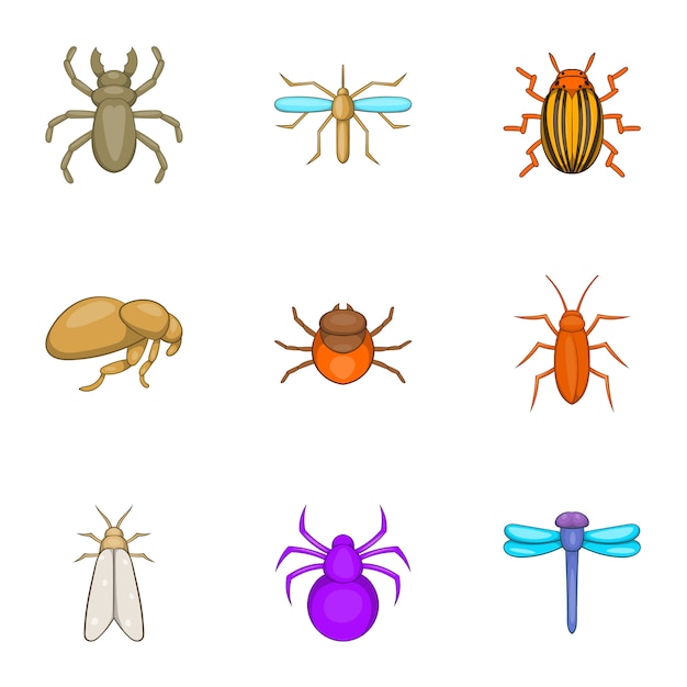 Insects icons set, cartoon style