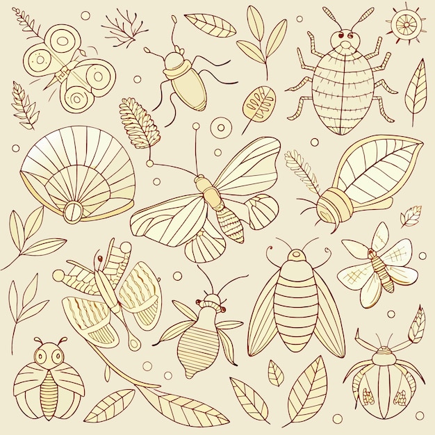 Vector insects linear pattern vector seamless texture or background with butterflies beetles snails c