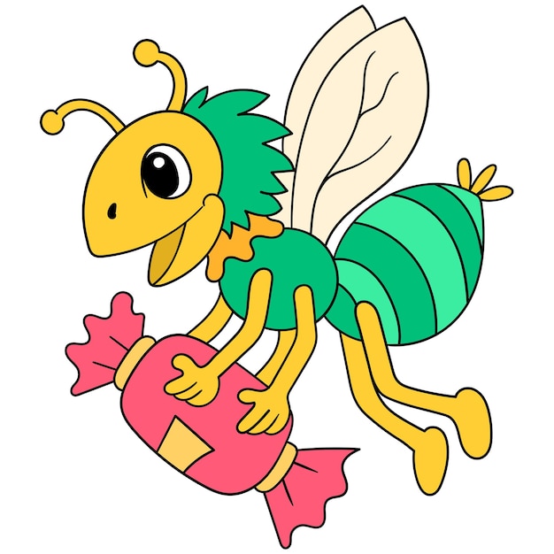 Insects that love sweet food fly with candy, vector illustration art. doodle icon image kawaii.