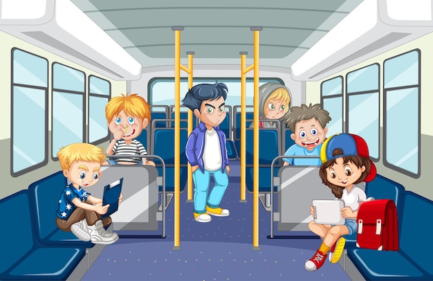 Vector inside bus with people cartoon