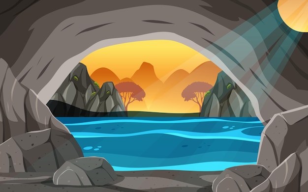 Inside cave landscape in cartoon style