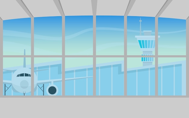 Vector inside the departure airport terminal building with airplane outside