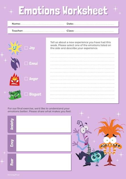 Inside Out 2 Feelings and Calm Down Worksheet