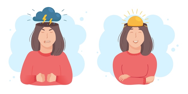 Inside woman’s head concept. good and bad mood. sun or clouds in place of brain. girl happy or angry