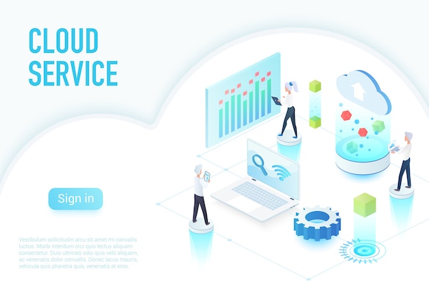 Inside work process of cloud service, big data website page isometric  illustration