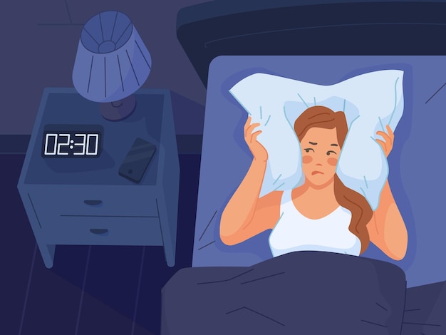 Insomnia of awaking woman Awake night at worried sleepless girl sleepo in dark bed tired depression face vector illustration