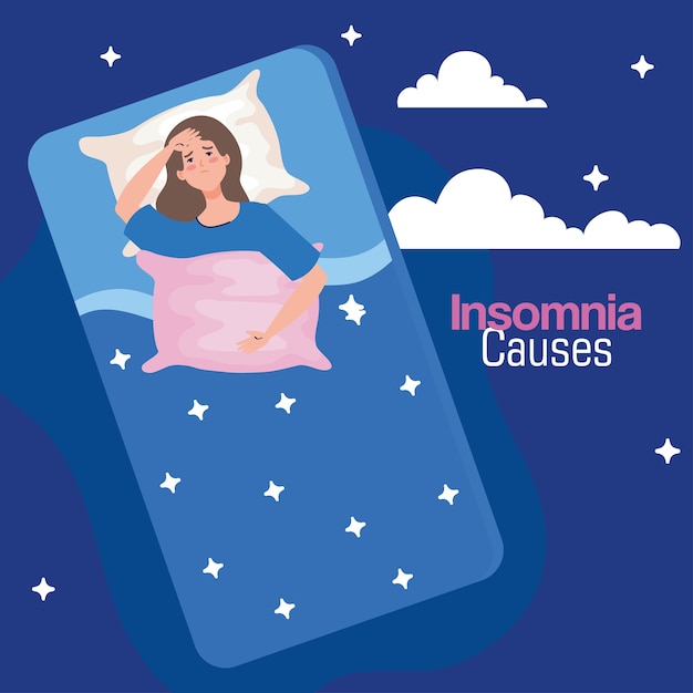 Insomnia casuses woman on bed with pillow and clouds design, sleep and night theme