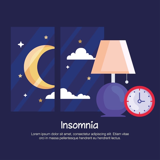 Вектор Часы с лампой бессонницы и луна в дизайне окон, тема сна и ночи