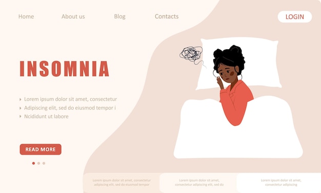 Vector insomnia landing page template tired african woman suffer from headache