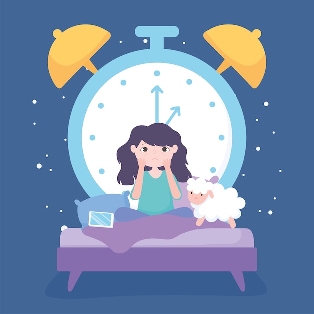 Insomnia, sad girl in the bed with mobile sheep and big clock