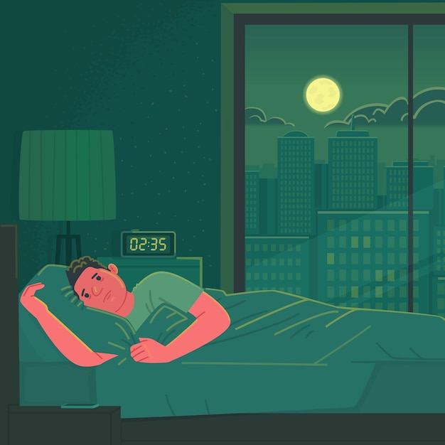 Insonnia. un uomo triste e stanco non riesce a dormire a letto la notte. stress e ansia. illustrazione vettoriale in stile piatto