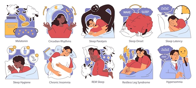 Vector insomnia set diverse characters suffering from sleep deprivation sleep and mental disorder sleep