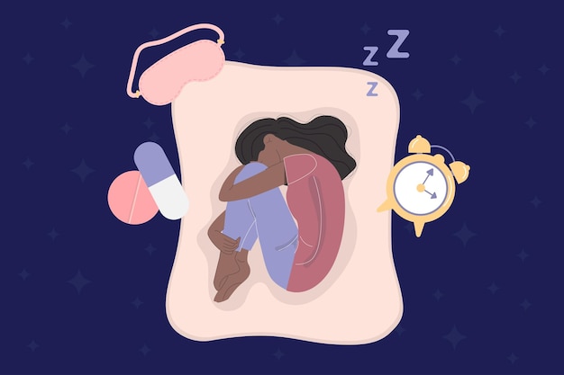 Insomnia sleep disorder concept an african american woman lies curled up in bed