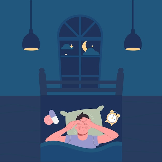 不眠症睡眠障害のコンセプト男性はベッドに横たわっている