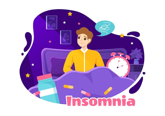 Insomnia Vector Illustration with Young People Unable to Sleep and Eyes Open at Night Bedroom