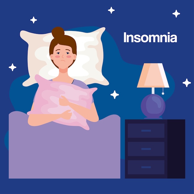 Insomnia woman on bed with pillow and lamp design, sleep and night theme