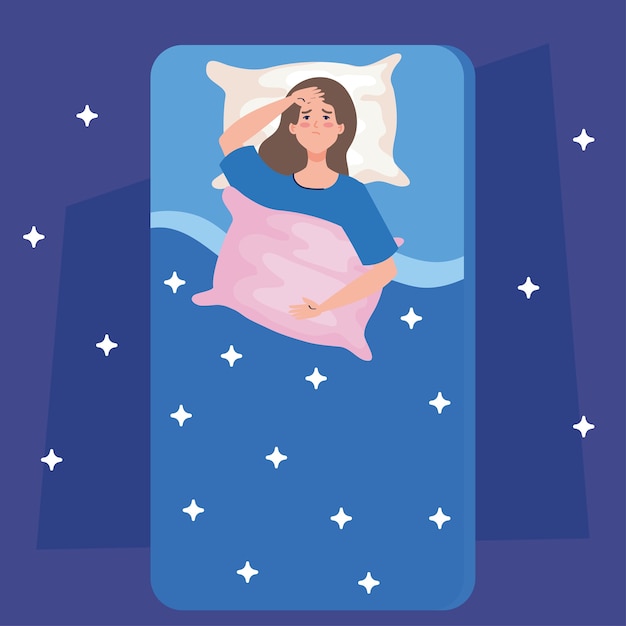 베개와 별 디자인, 수면과 밤 테마 침대에 불면증 여자