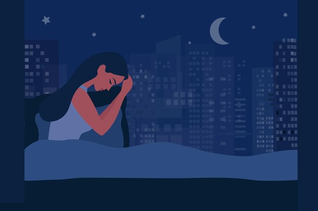 ベクトル 夜にベッドに座っている不眠症の女性 ベクトルイラスト 眠れない女性の苦しみ