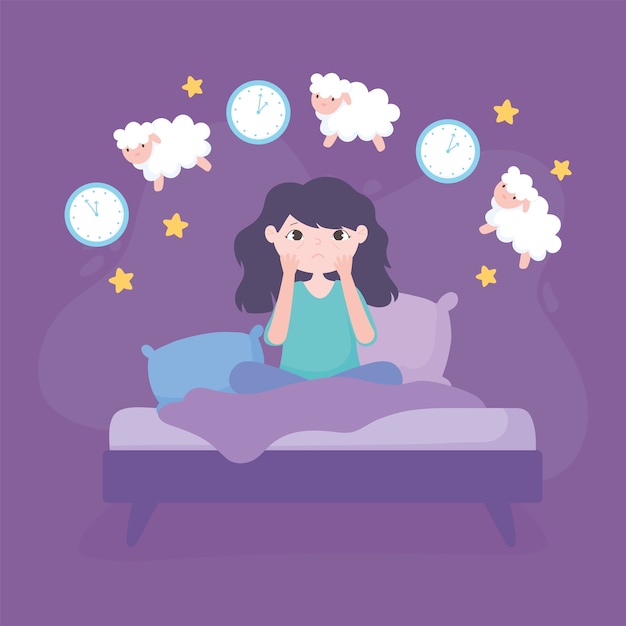 Vector insomnia, worried girl in the bed counting sheeps vector illustration