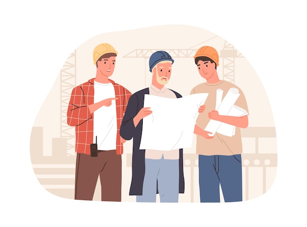 Inspecteur, manager en voorman bespreken bouwproject op bouwplaats. Architect-ingenieur die onroerendgoedtekening houdt. Gekleurde platte vectorillustratie geïsoleerd op een witte achtergrond.