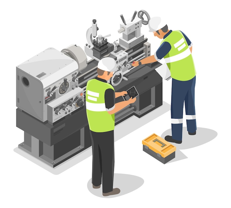 Vector inspector engineering and technicians checking service maintenance on heavy duty metal lathe machine
