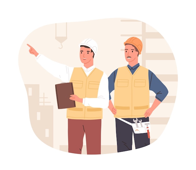 Vector inspector and foreman in hardhats at construction site. supervisor or manager controlling building process. colored flat vector illustration of workers in hard hats isolated on white background.