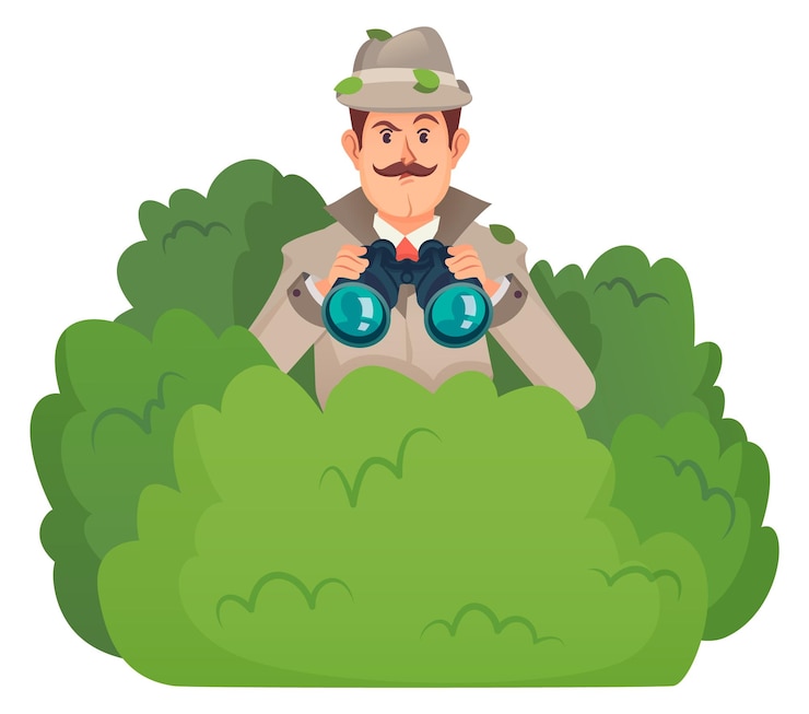 Vector inspector making surveillance from green bush cartoon detective isolated on white background