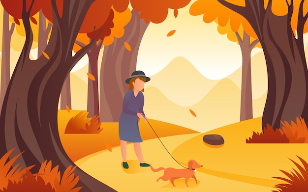 Inspiratie van illustratie vector plat ontwerp toen een vrouw met haar hond rondliep om haar vrije tijd in de herfst door te brengen.