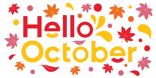 Inspiratie woordmerk logo hallo oktober met vormglimlach en herfstbladeren met witte achtergrond.