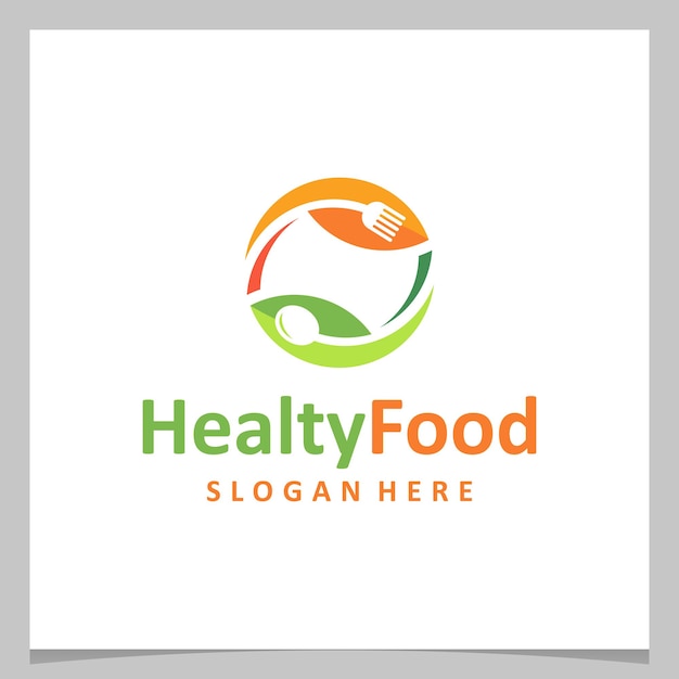 Inspiration logo design Healthy Food with cutlery and leaf. Premium vector